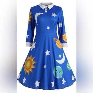 Pinup vintage long sleeve dress with space theme print